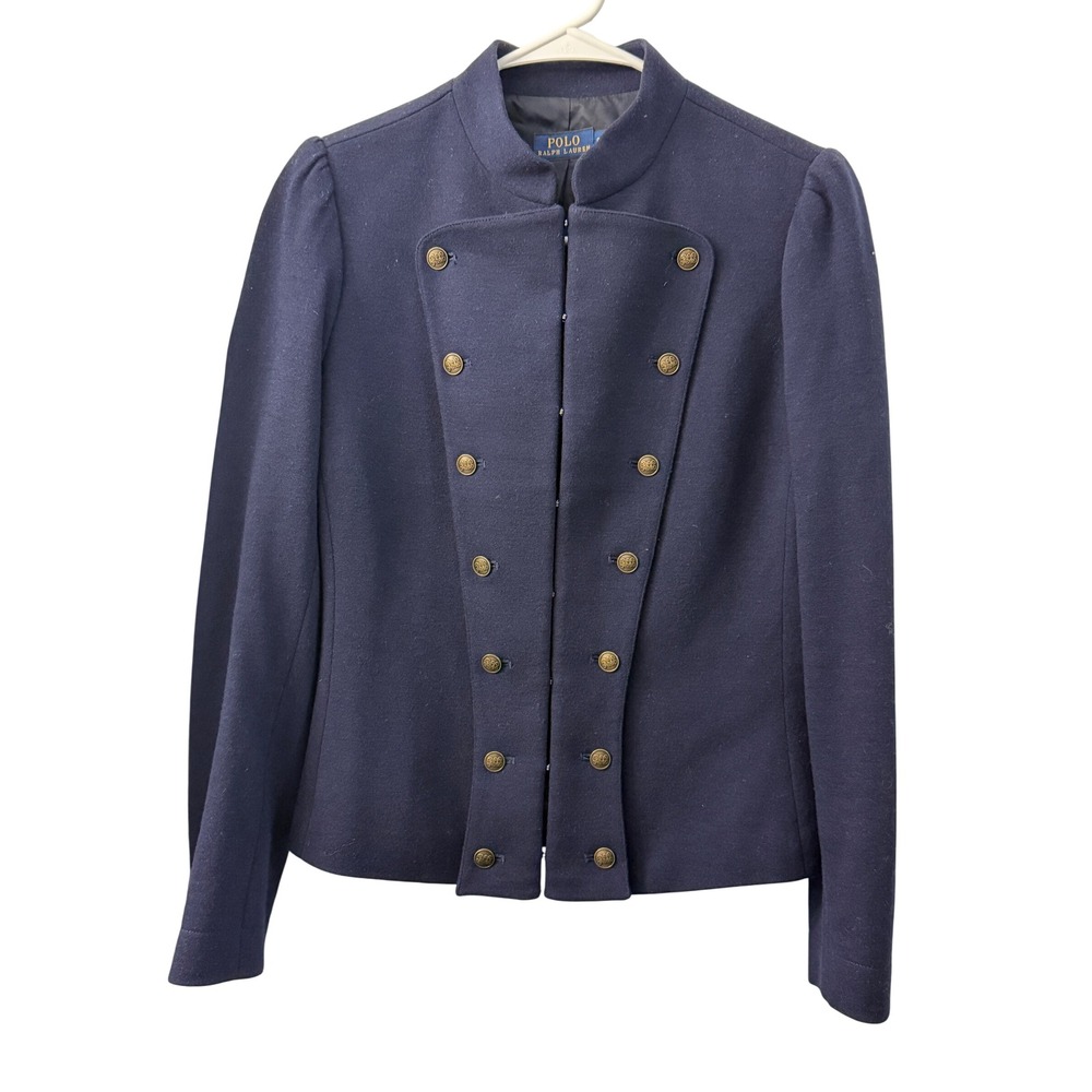 Polo Ralph Lauren Navy Blue Wool Blend Military Band Jacket Gold Buttons 6